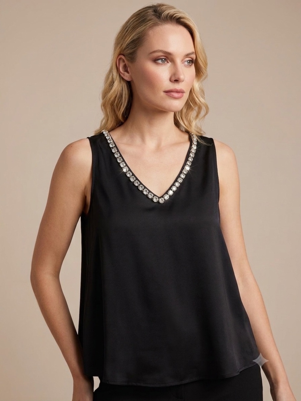 Embellished V-Neck Black Sleeveless Satin Top